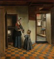 Femme avec un enfant dans un garde manger genre Pieter de Hooch